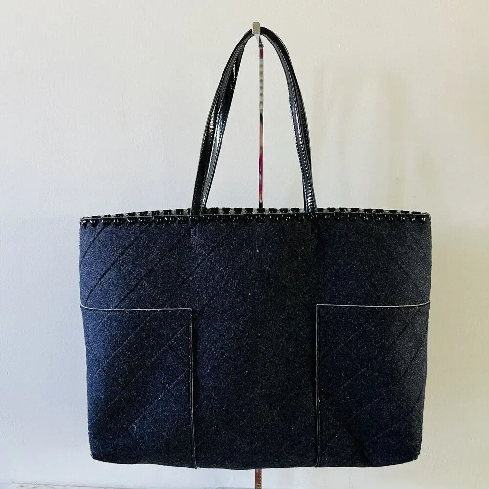 TORY BURCH Block T Dark Gray Black Felt Fabric Large Tote Bag
